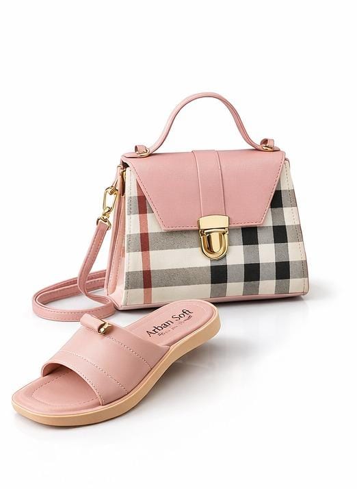 Rosé Charm Combo – Pink Check Handbag & Blush Cross Premium Slides