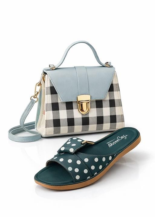 Silver Mist Combo – Grey Check Handbag & Emerald Polka Luxe Slides