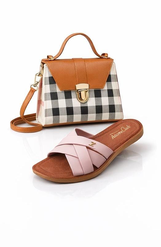 Royal Caramel Combo – Caramel Check Handbag & Blush Cross Luxe Slides
