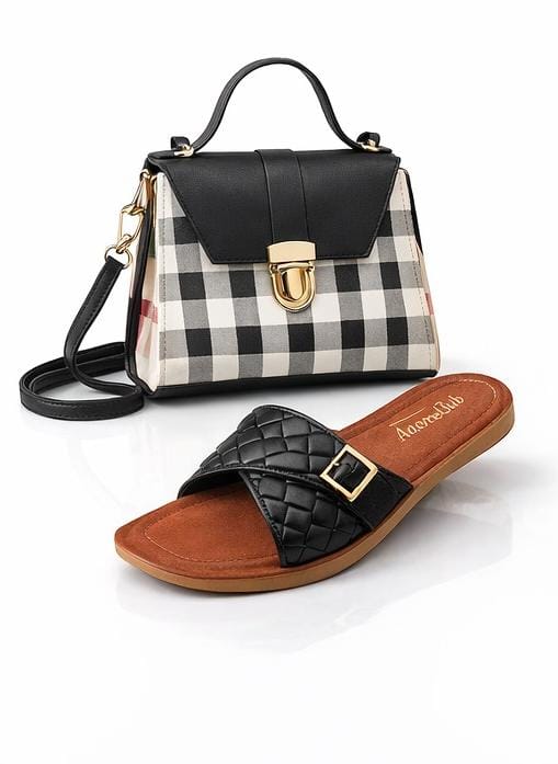 Midnight Luxe Combo – Black Check Handbag & Classic Comfort Slippers